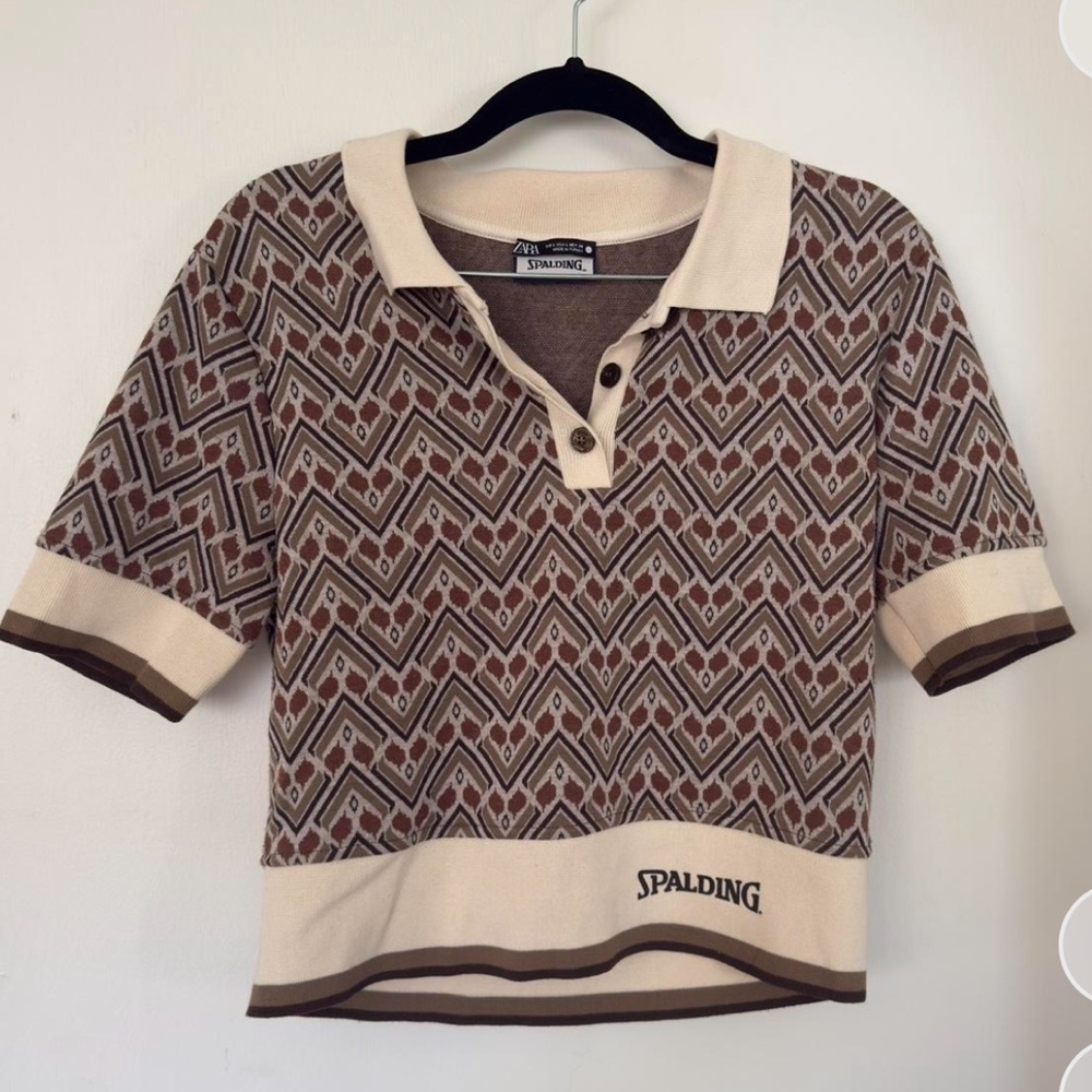 Zara Geometric Collared Crop Top in Brown and Cream